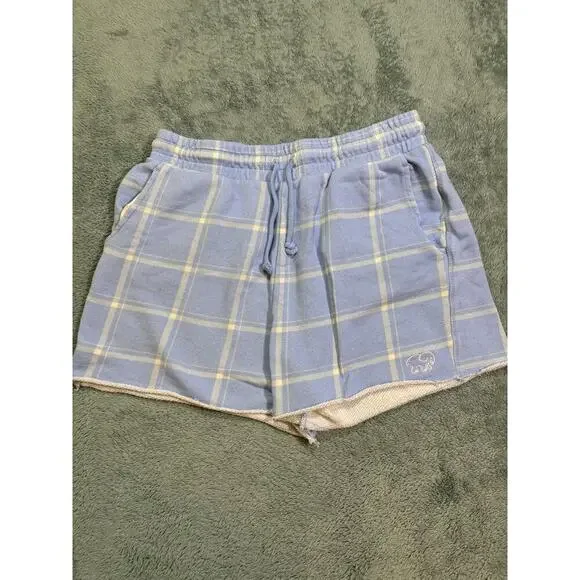 Ivory Ella Women's Plaid Shorts Blue Yellow Drawstring Pocket Elephant US M - Picture 1 of 8
